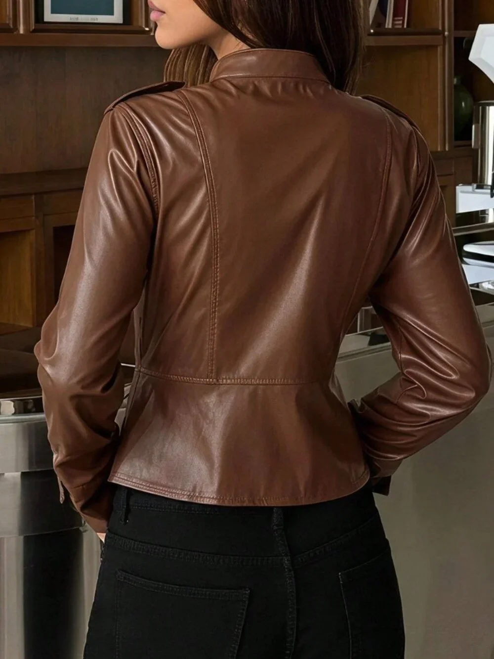 Brown Casual Women's Long Sleeve Zipper Front  Jacket